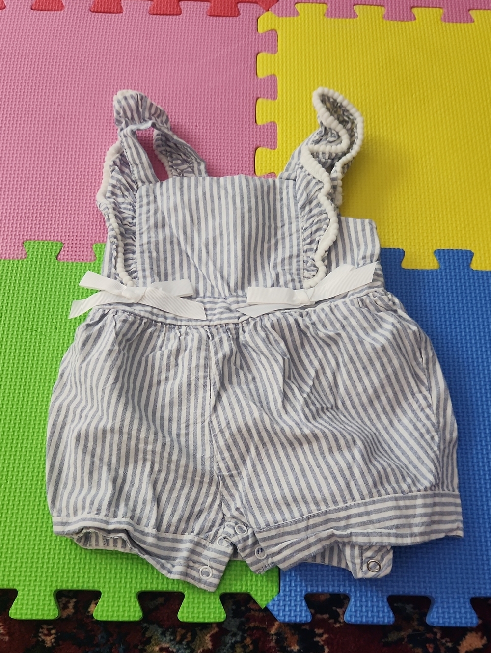 Rare Editions Blue and White Striped Ruffle Romper